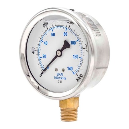 Engineered Specialty Products, Inc Pic Gauges 4" Pressure Gauge, Liquid Filled, 2000 PSI, Stainless Case, Lower Mount, 201L-402O 201L-402O